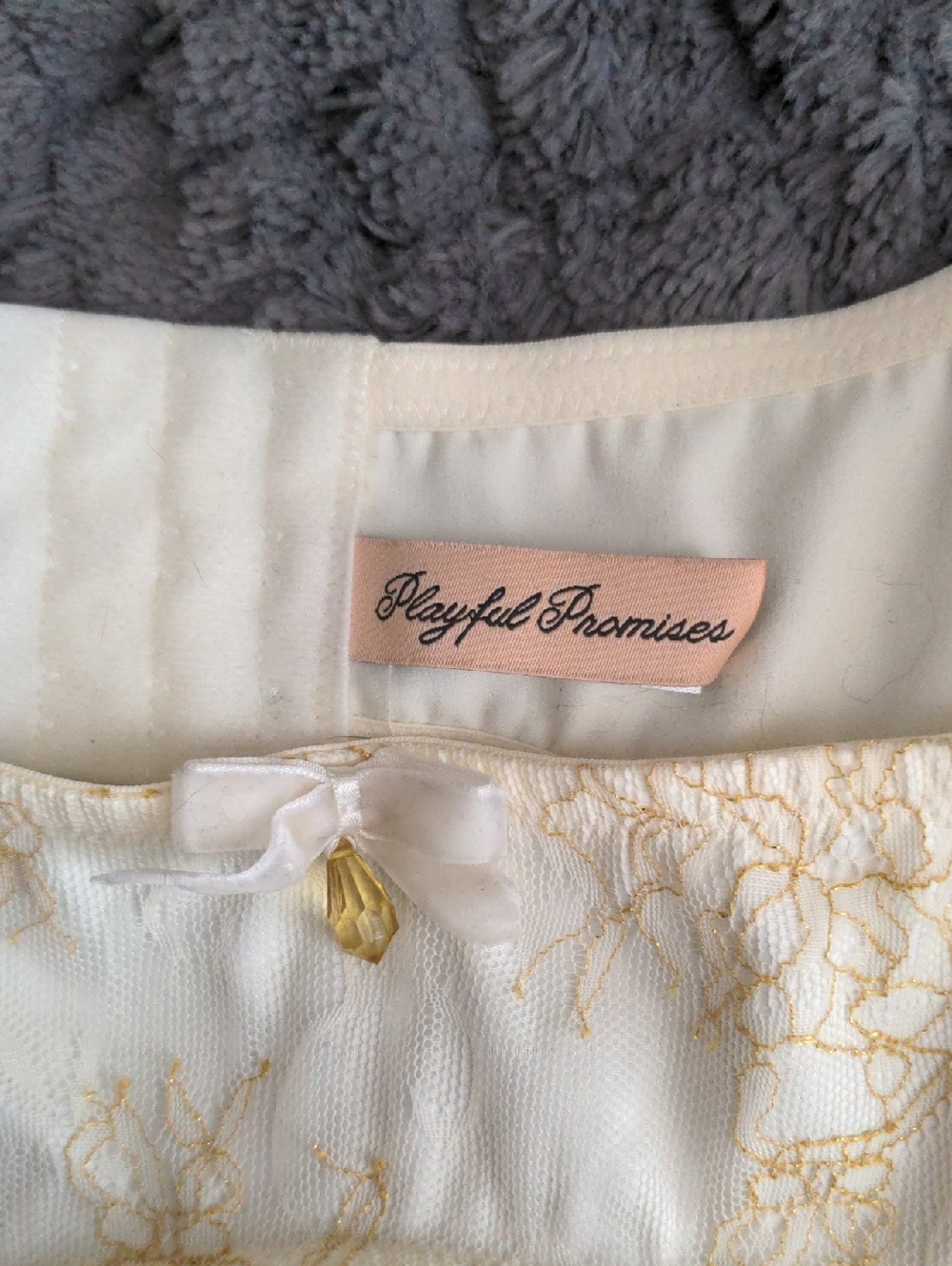 Playful Promises Cream And Gold Bra, Garter & Underwear Set US8 36D
